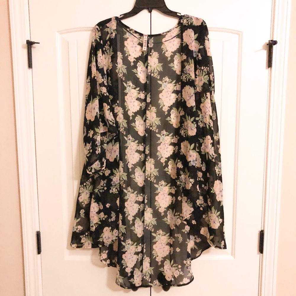 Black + Pink Flowered Kimono